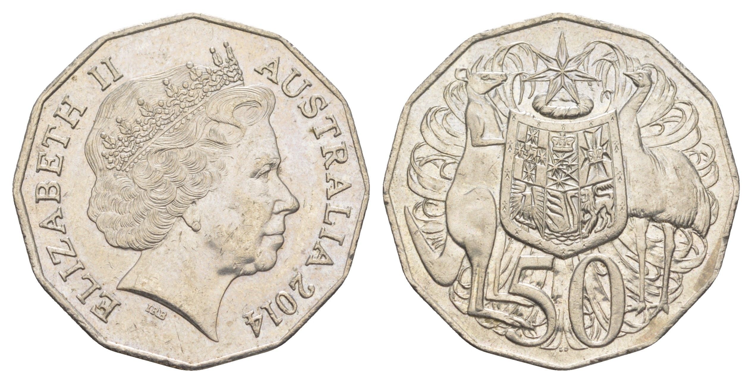 Австралия 50 центов 2014 Елизавета II (1952-2022), герб Австралии, кенгуру KM 404 медно-никель UNC 4381-1032