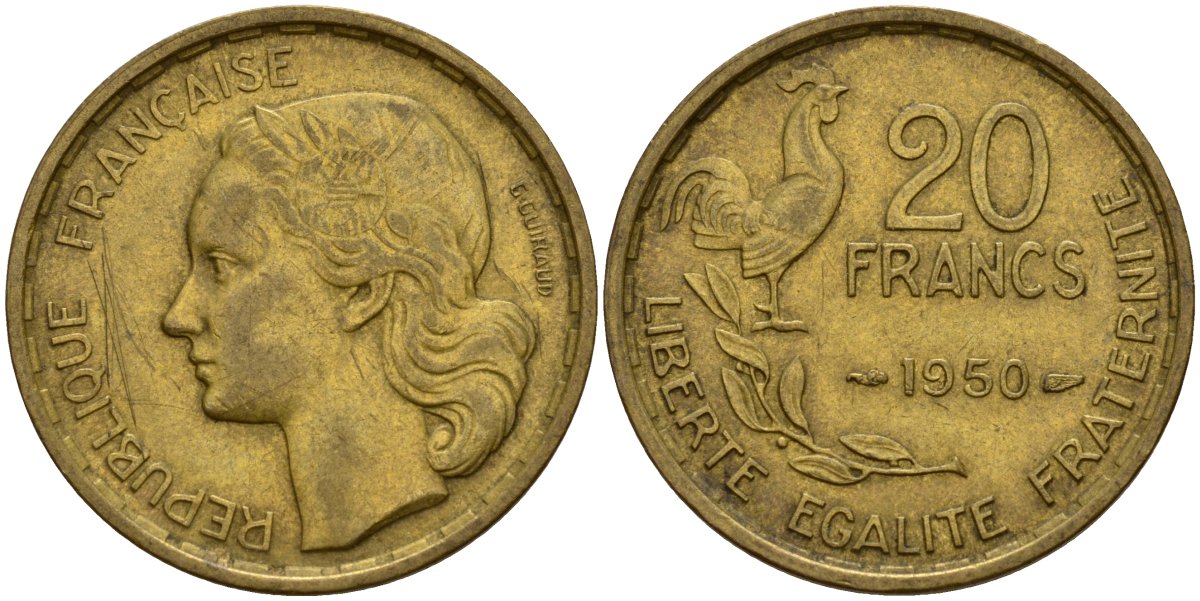 Франция 20 франков 1950 B, Петух KM 917.1 алюминиевая бронза 4159-932