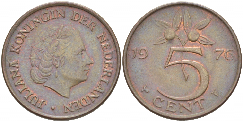 Нидерланды 5 центов 1976 Юлиана (1949-1980) KM 181 бронза 214-829