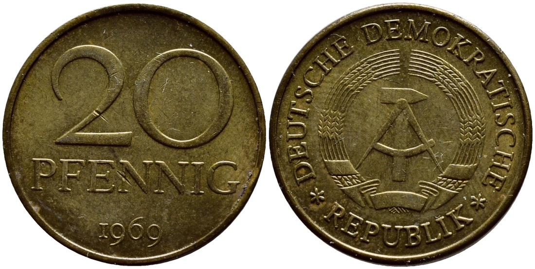 ГДР 20 пфеннигов 1969 А, первый год KM 11 латунь UNC 4395-1026