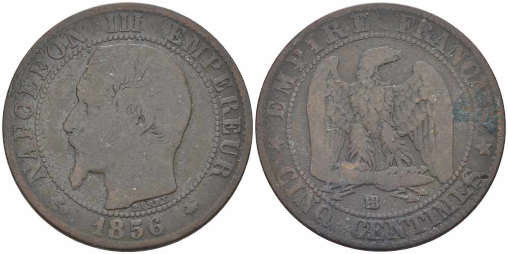 Франция 5 сантимов 1856 BB, Наполеон III (1852-1870) KM 777.3, LE FRANC 116.32 бронза 108-435