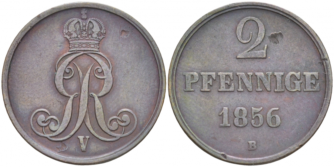 Брауншвейг-Каленберг-Ганновер 2 пфеннига 1856 B, Георг V (1851-1866) KM 217, AKS 152, J. 84 медь 73-1012