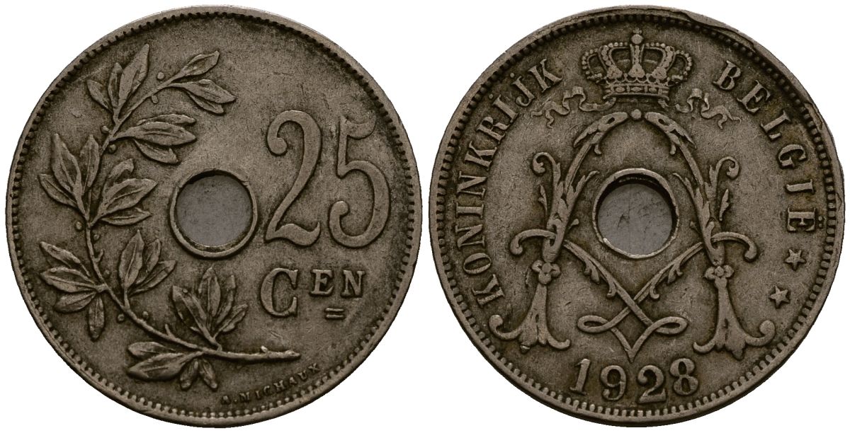 Бельгия 25 сантимов 1928 Belgie KM 69 медно-никель 4403-145