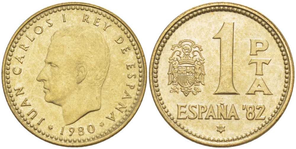 Испания 1 песета 1980 (80) чемпионат мира по футболу в Испании 1982 года, Хуан Карлос I (1975-) KM 816 алюминиевая бронза 214-624