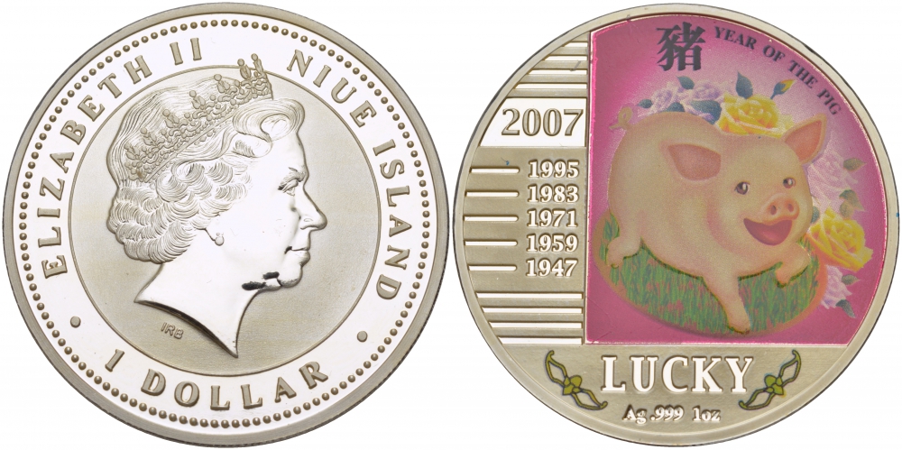 Ниуэ 1 доллар 2007 год Свиньи, удачливый, цветная эмаль, в оригинальной коробке серебро PROOF 7-5-4-17