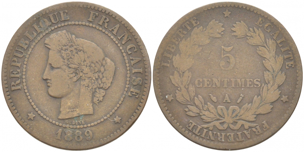ФРАНЦИЯ 5 САНТИМОВ 1889 А, ТРЕТЬЯ РЕСПУБЛИКА (1871-1940) KM 821.1, LE FRANC 118.32 бронза 77-422