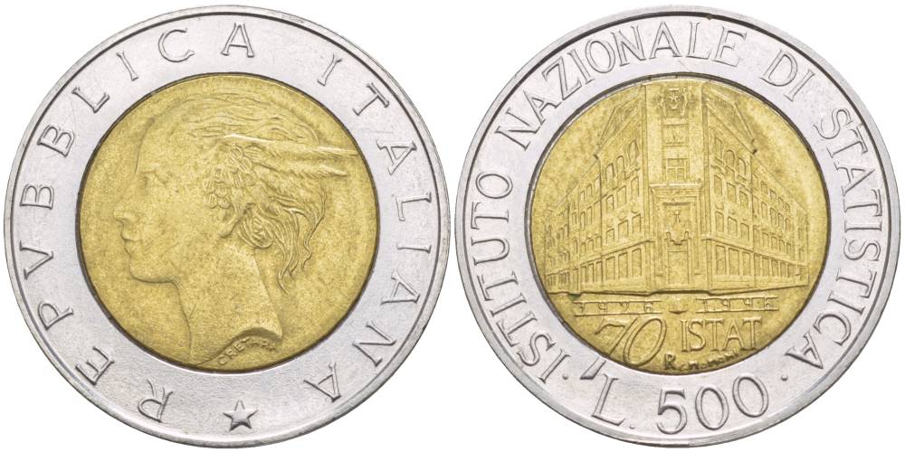 Италия 500 лир 1996 R, 70 лет национальному институту статистики KM 181 биметалл 4551-556