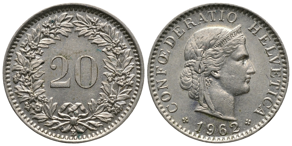 Швейцария 20 раппенов 1962 В KM 29a медно-никель 84-525