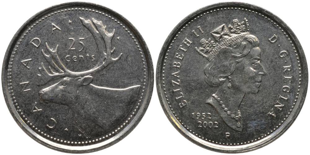 Канада 25 центов 2002 P, Елизавета II (1952-2022), кленовый лист, 50 лет правления KM 448 никель UNC 181-327