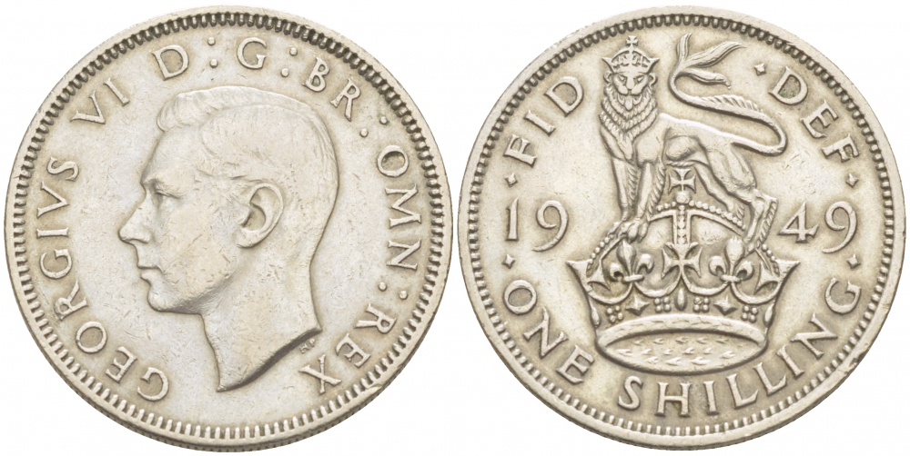 Великобритания 1 шиллинг 1949 Георг VI (1936-1952), Английский герб KM 876, Spink 4108 медно-никель 77-257
