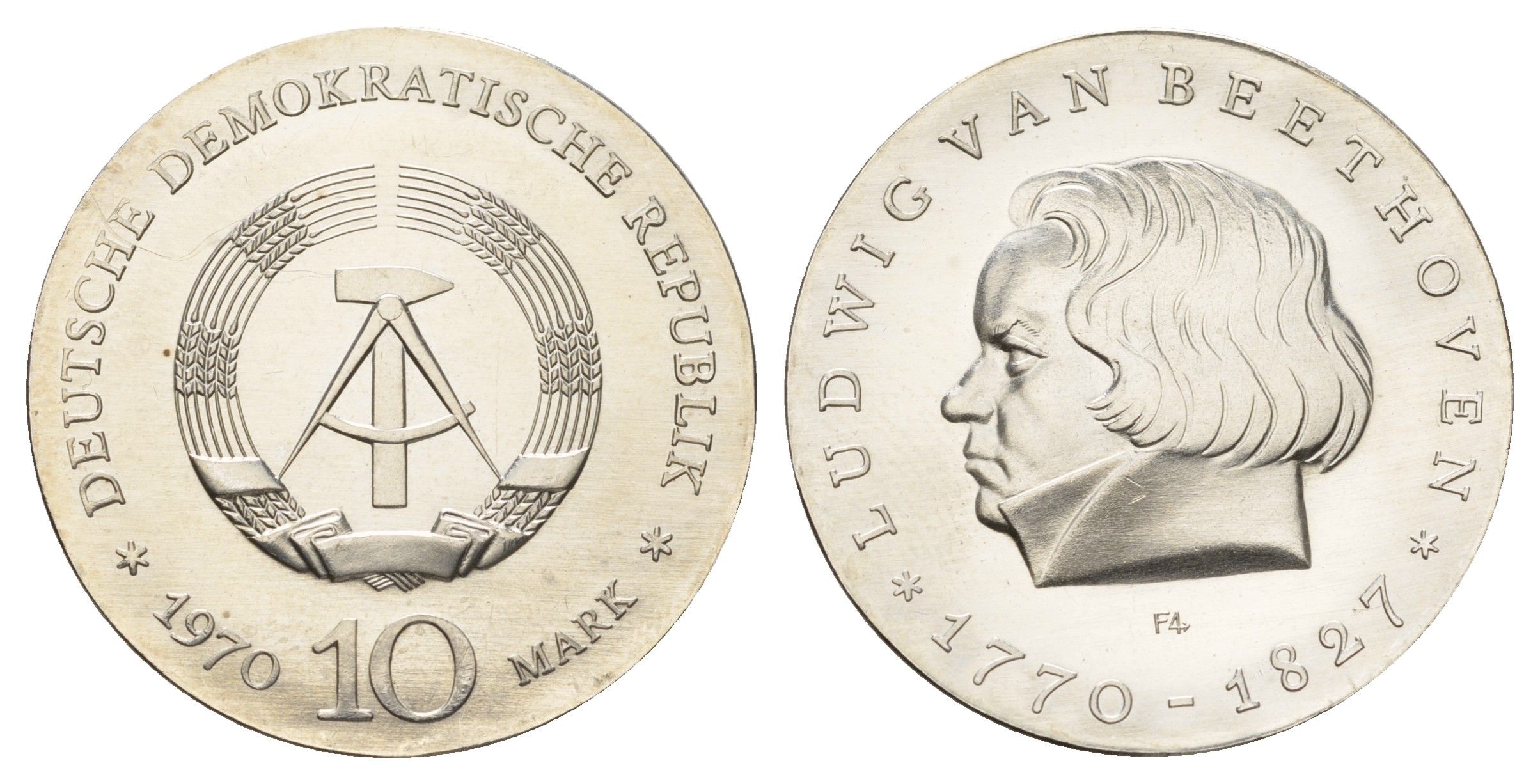 ГДР 10 марок 1970 A, 200 лет со дня рождения Людвига ван Бетховена KM 27.1, J. 1523 серебро UNC 1099-1-25