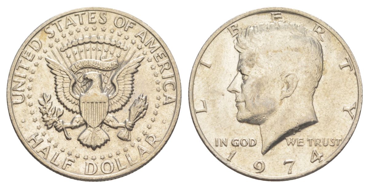 США 1/2 доллара (50 центов) 1974 Джон Кеннеди KM 202b медь плакированная медно-никелем aUNC 4536-1012
