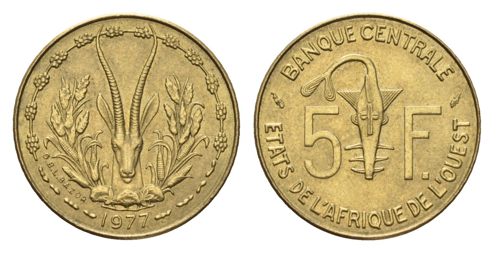 Западная Африка (ВСЕАО) 5 франков 1977 KM 2a медь алюминий никель UNC 54-1153