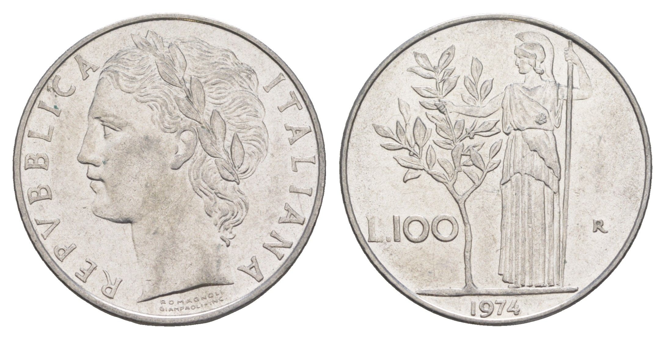 Италия 100 лир 1974 R, Афина у оливкого дерева KM 96.1 нержавеющая сталь 4529-316