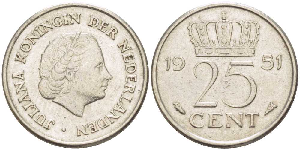Нидерланды 25 центов 1951 Юлиана (1949-1980) KM 183 никель 214-918