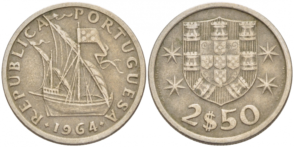 Португалия 2,5 эскудо 1964 парусник KM 590 медно-никель 3851-1057