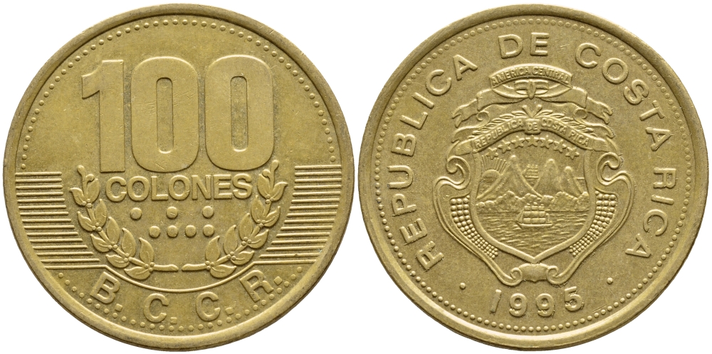 КОСТА-РИКА 100 КОЛОН 1995 B.C.C.R., ГОД ТИП KM 230 сталь плакированная латунью 63-623