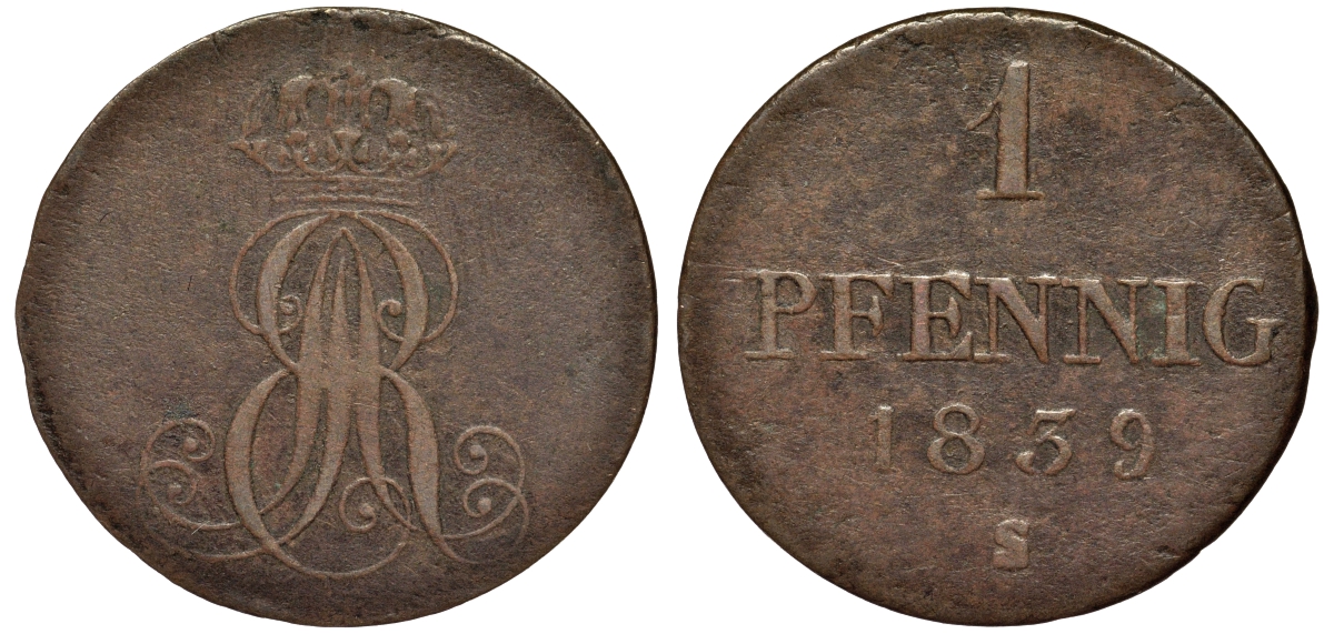Ганновер 1 пфенниг 1839 S, Эрнст Август (1837-1851) KM 173.3, AKS 128, J. 54 медь 75-1422