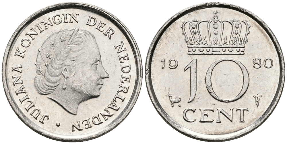 Нидерланды 10 центов 1980 Юлиана (1949-1980) KM 182 никель 96-358