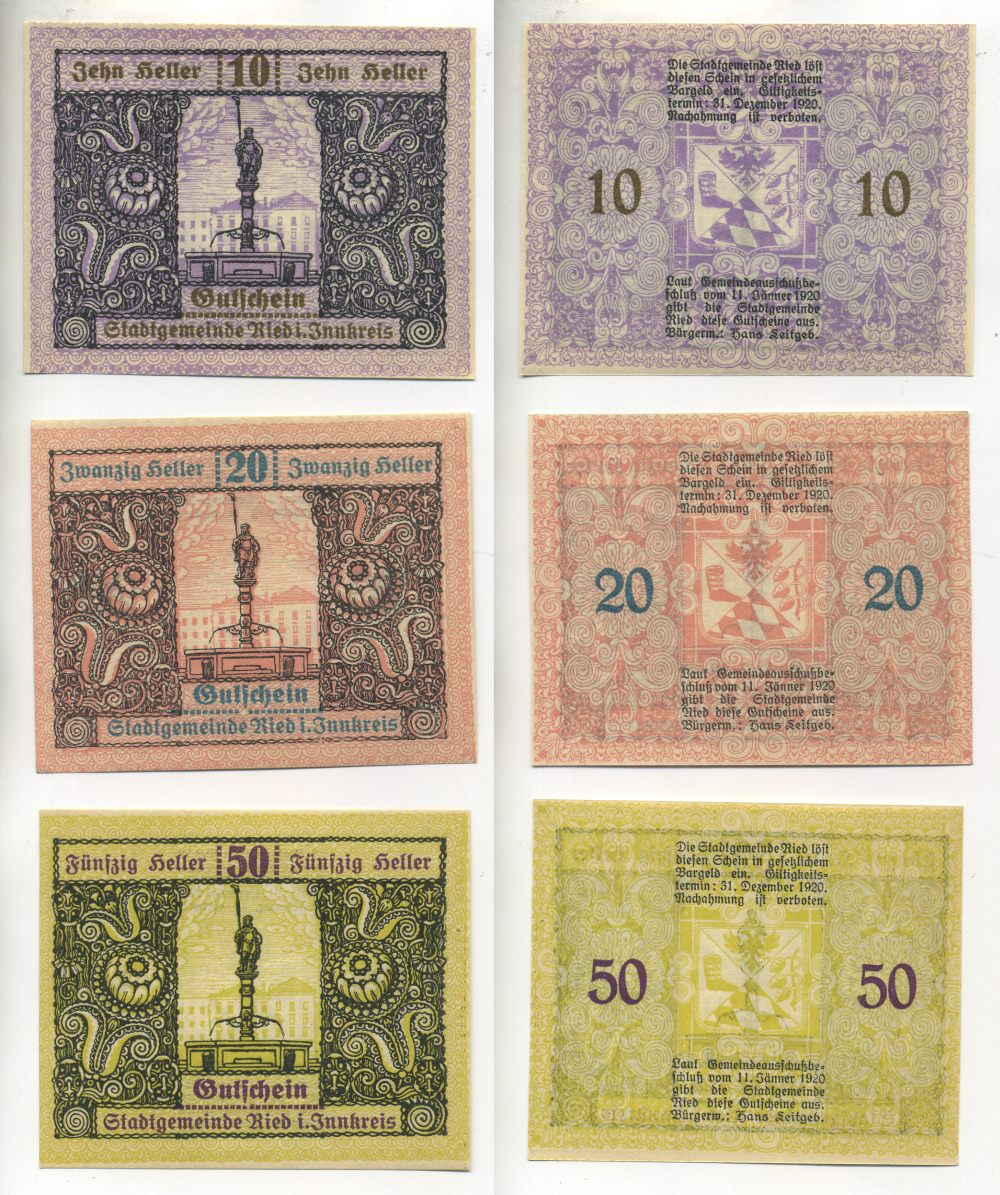 АВСТРИЯ НАБОР ИЗ 3 БАНКНОТ 1920 11 ЯНВАРЯ 1920-31 ДЕКАБРЯ 1920, НОТГЕЛЬД, 10, 20, 50 ГЕЛЛЕРОВ, RIED SCHEIN бумага aUNC 7203-40-2