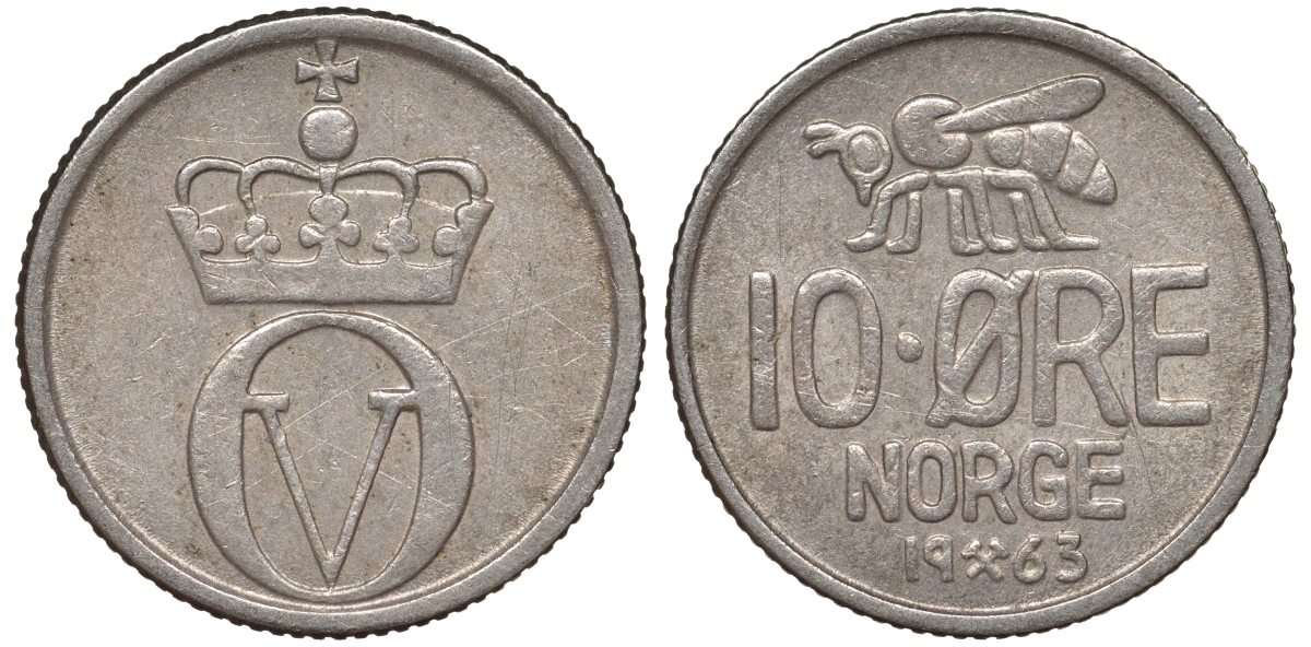НОРВЕГИЯ 10 ЭРЕ 1963 KM 411 медно-никель 62-1153