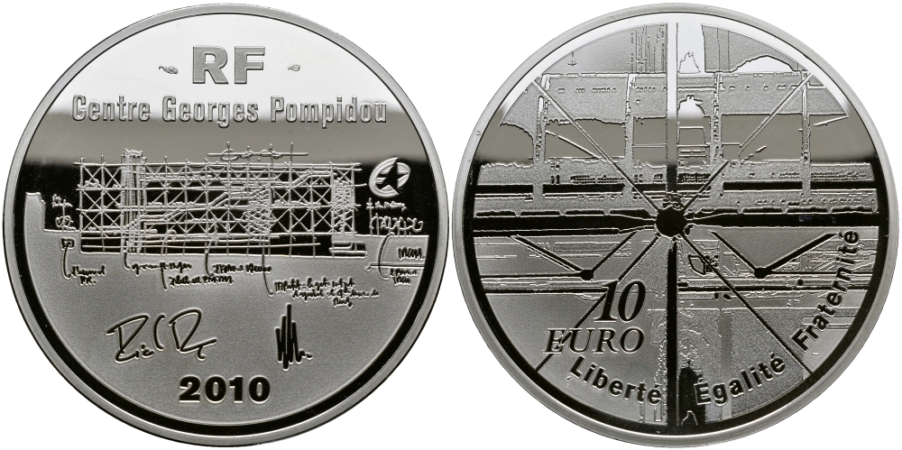 Франция 10 евро 2010 центр  Жоржа Помпиду KM 1686 серебро PROOF 1095-3-61