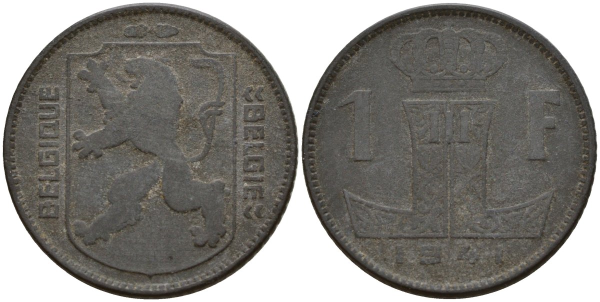 Бельгия 1 франк 1941 Belgique - Belgie, Леопольд III (1934-1947), германская оккупация, Вторая мировая война KM 127 цинк 4161-414