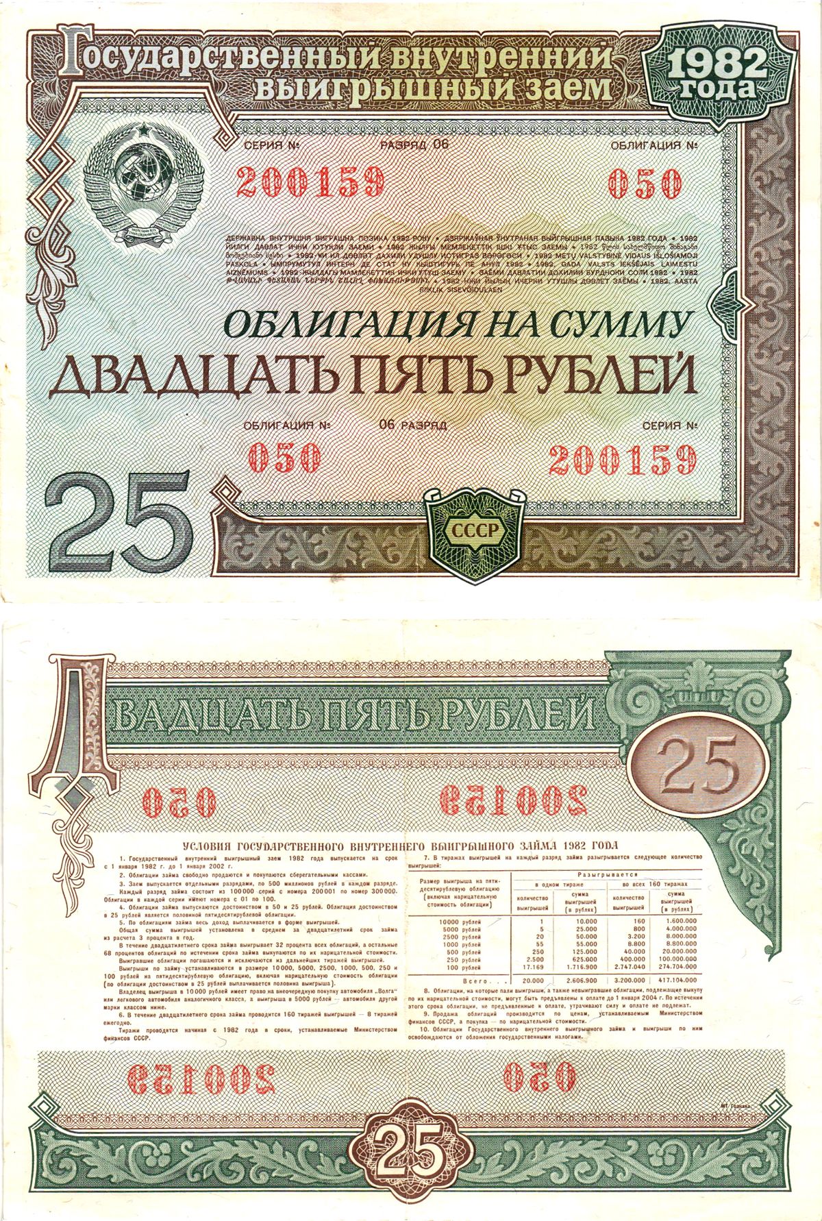 СССР облигация в 25 рублей 1982 государственный внутренний выигрышный заем, разряд 06   бумага   8609-48-2-2