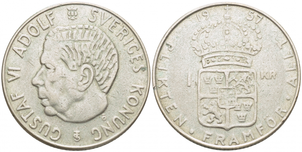 Швеция 1 крона 1957 TS, Густав VI Адольф (1950-1973) KM 826 серебро 175-1125
