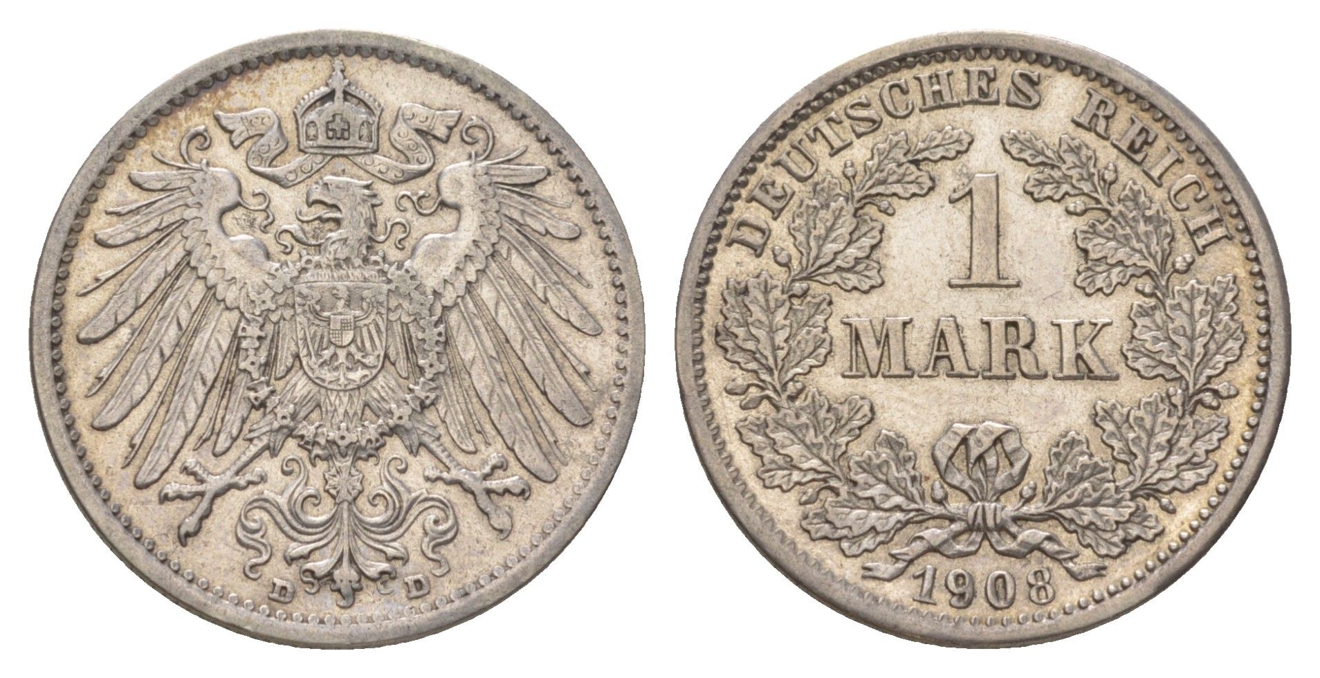Германия 1 марка 1908 D, Вильгельм II (1888-1918) KM 14, J. 17 серебро 4626-213