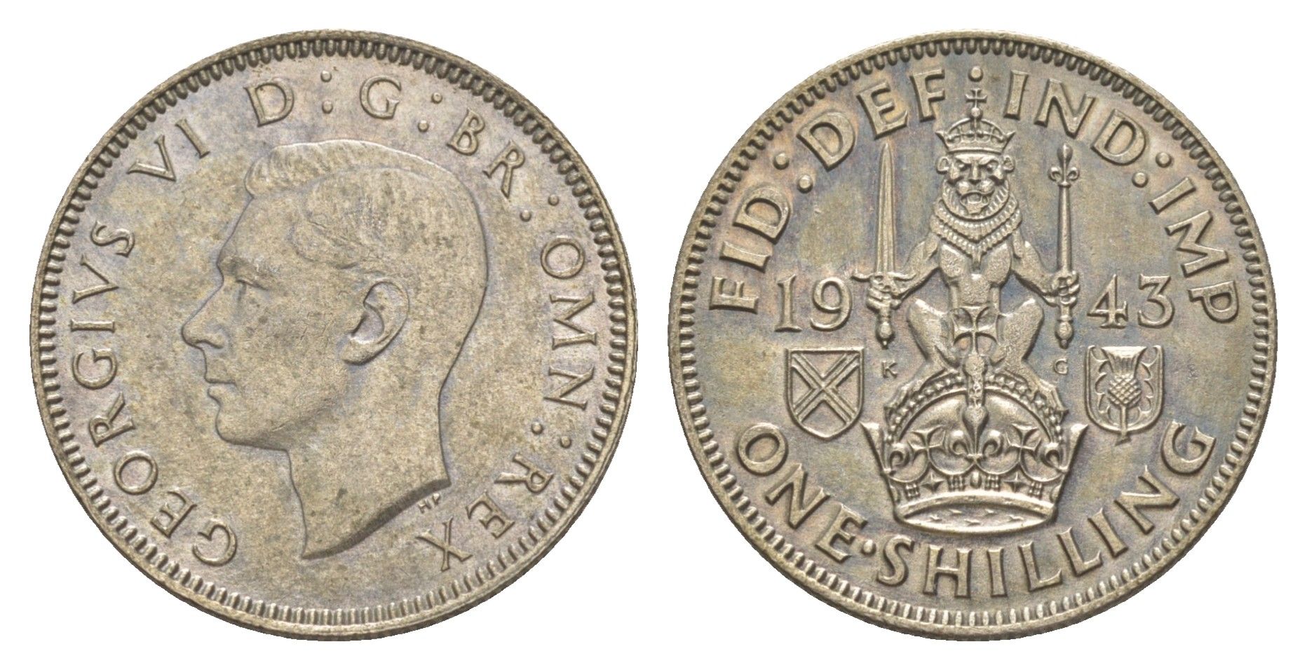 Великобритания 1 шиллинг 1943 Георг VI (1936-1952), Шотландский герб KM 854, Spink 4083 серебро aUNC 1516-145