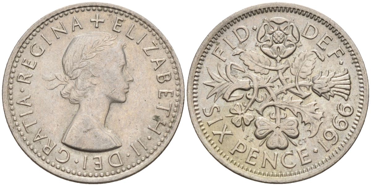 Великобритания 6 пенсов 1966 Елизавета II (1952-2022) KM 903, Spink 4149 медно-никель 4154-246