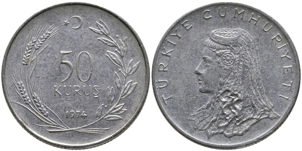 Турция 50 курушей 1974 Анатолийская невеста KM 899 нержавеющая сталь 4541-922