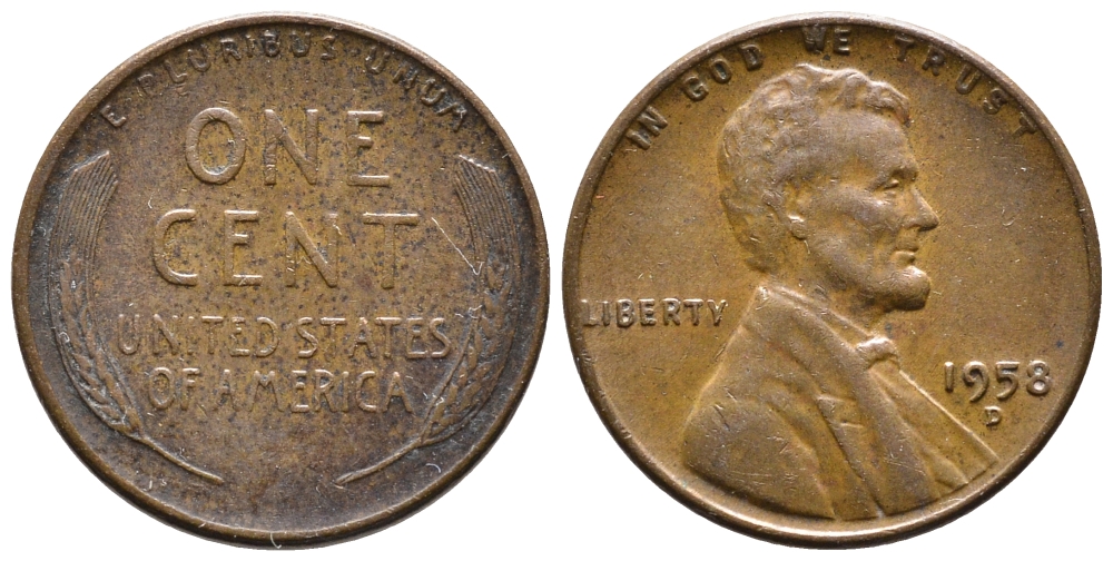 США 1 ЦЕНТ 1958 D ЛИНКОЛЬН KM A132 медь цинк 4364-743