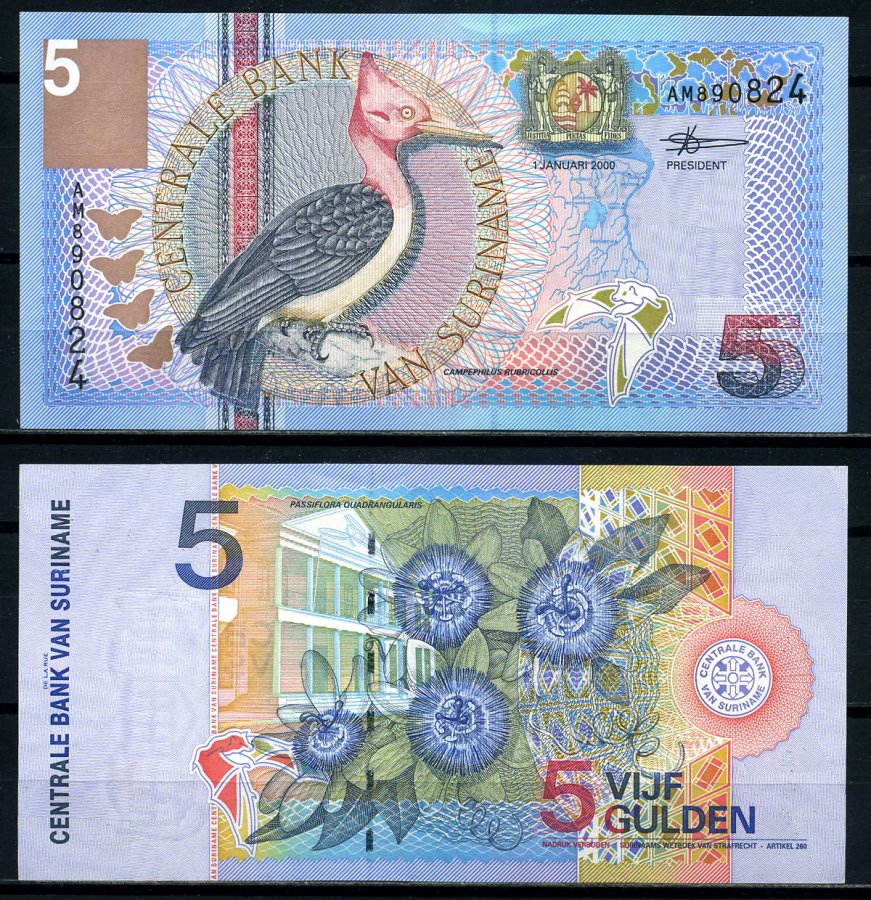 Суринам 5 гульденов 2000 птица Red-necked woodpecker, TDLR Pick 146 бумага UNC (пресс) 6285-46-3-2