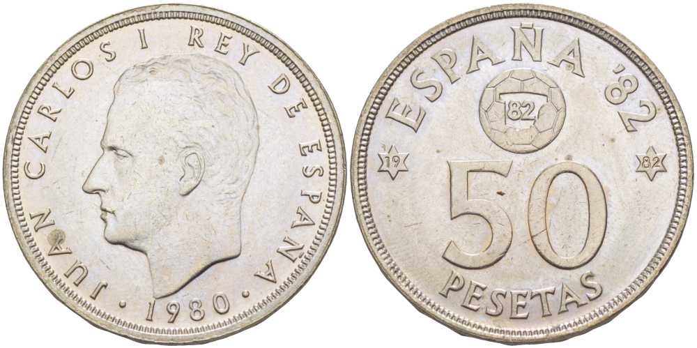 Испания 50 песет 1980 (82) чемпионат мира по футболу в Испании 1982 года, Хуан Карлос I (1975-) KM 819 медно-никель 4403-422
