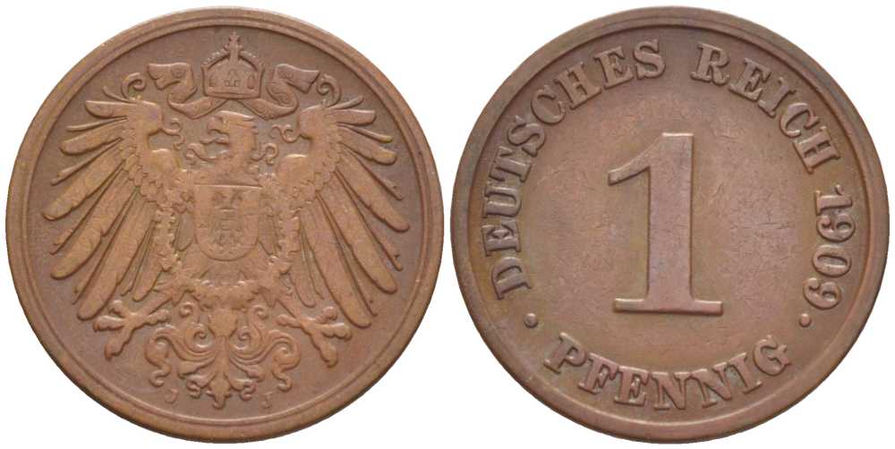ГЕРМАНИЯ 1 ПФЕННИГ 1909 J KM 10, J. 10, Weege 2 медь 211-424