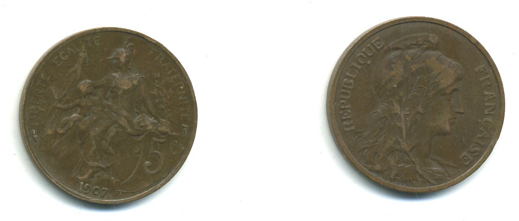 ФРАНЦИЯ 5 САНТИМОВ 1907 ТИП ДАНИЭЛЬ ДЮПЮИ KM 842, LE FRANC 119.17 бронза 84-543