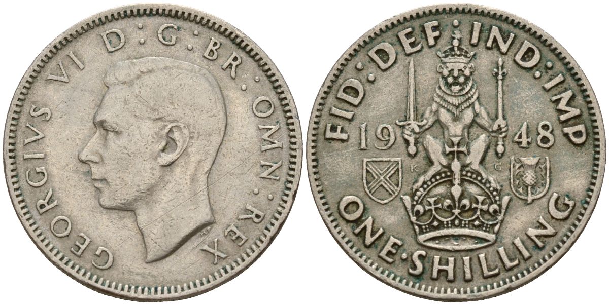 Великобритания 1 шиллинг 1948 Георг VI (1936-1952), Шотландский герб KM 864, Spink 4104 медно-никель 4150-735