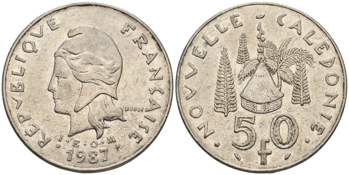 Французская Новая Каледония 50 франков 1987 хижина среди сосен и пальм, (IEOM) KM 13, Schoen 15, Lec 121 никель 4120-716