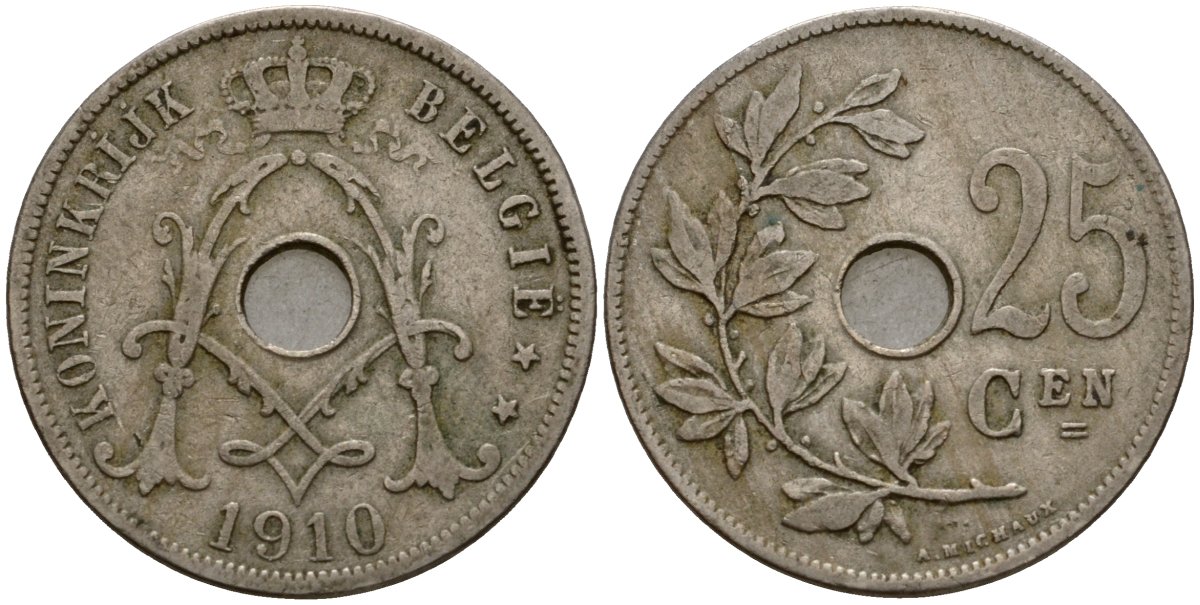 Бельгия 25 сантимов 1910 Belgie KM 69 медно-никель 33-1134