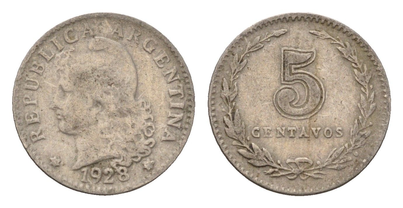 Аргентина 5 сентаво 1928 KM 34 медно-никель 4643-943