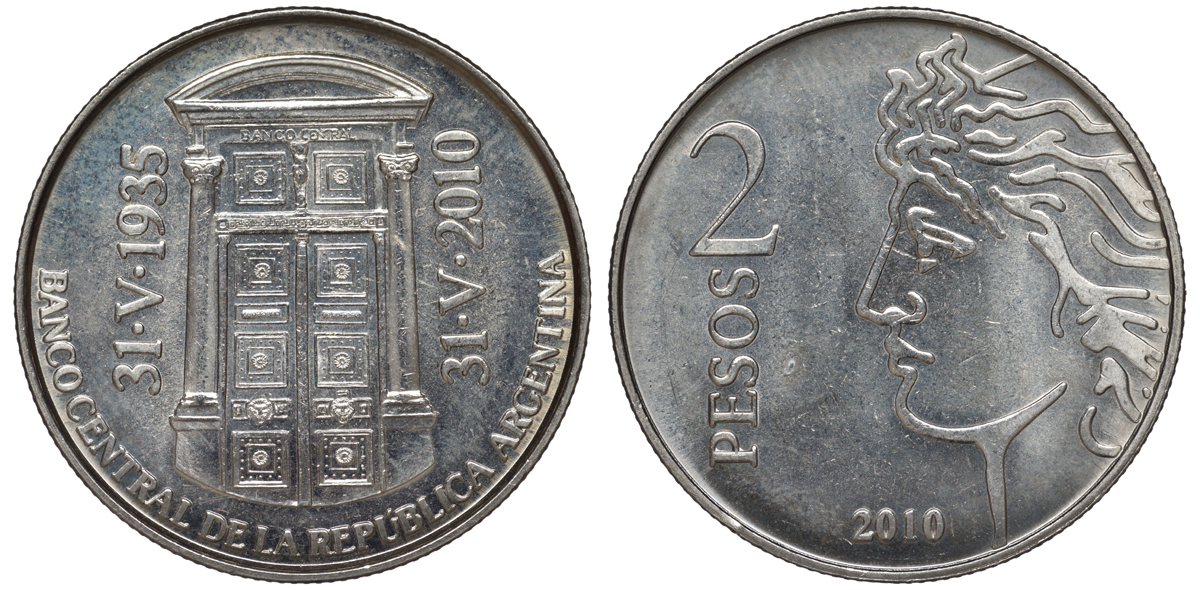 Аргентина 2 песо 2010 75 лет Центральному Банку KM 162 медно-никель UNC 4394-1223