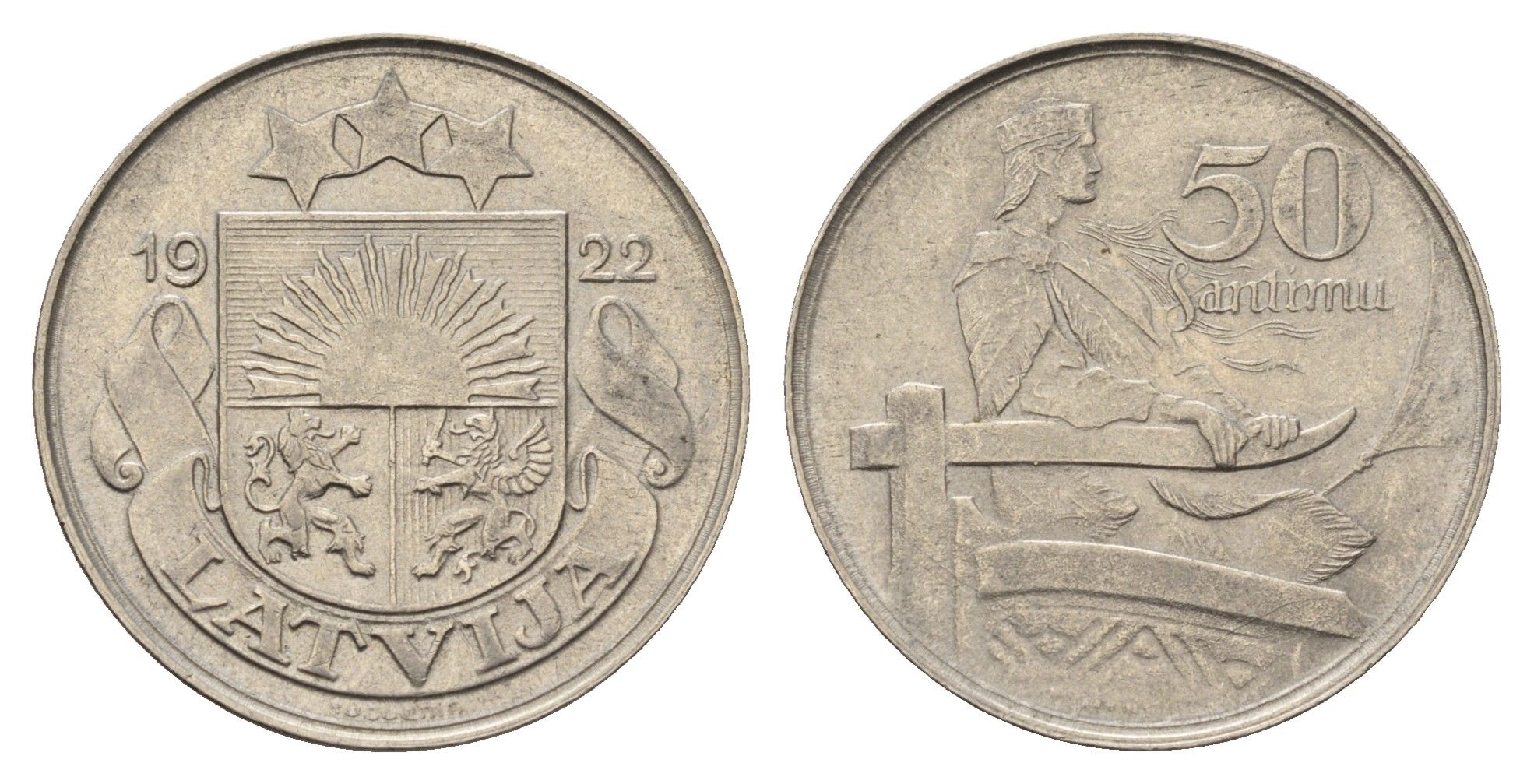Латвия 50 сантимов 1922 год-тип KM 6 никель aUNC 4652-1044