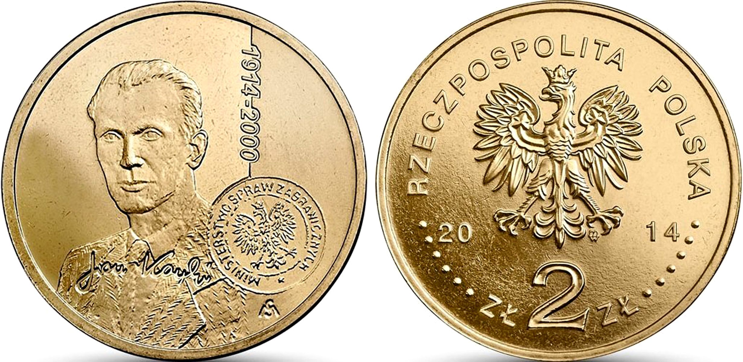 Польша 2 злотых 2014 MW, 100 лет со дня рождения Яна Карского KM 901 нордик UNC 4676-1053