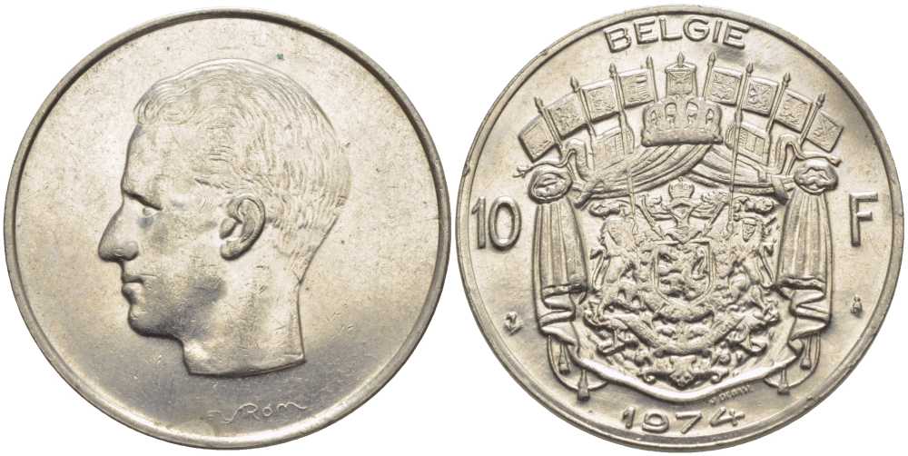 БЕЛЬГИЯ 10 ФРАНКОВ 1974 BELGIE, БОДУЭН I (1951-1993) KM 156.1 никель 115-644
