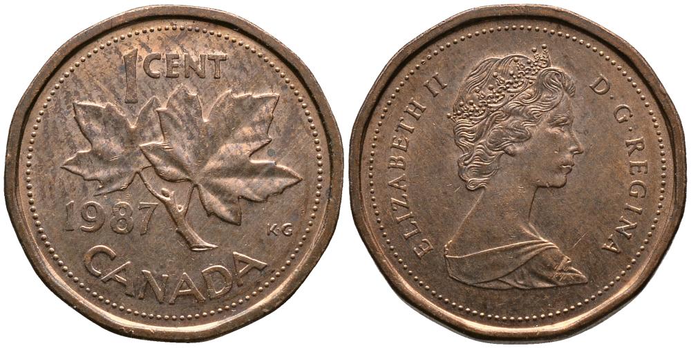 Канада 1 цент 1987 Елизавета II (1952-2022), кленовый лист KM 132 бронза 4549-367