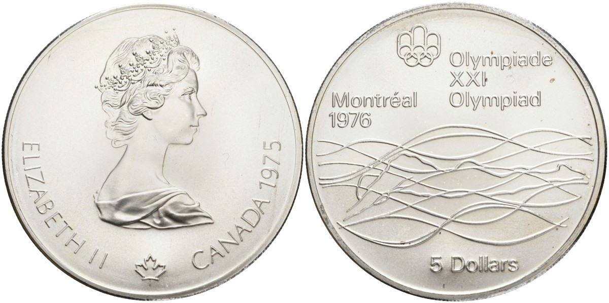 Канада 5 долларов 1975 XXI летние Олимпийские игры в Монреале 1976 года, плавание KM 100 серебро UNC 1525-514