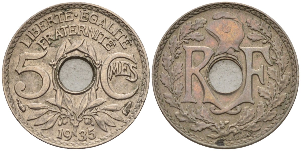 Франция 5 сантимов 1935 KM 875 медно-никель 4596-627