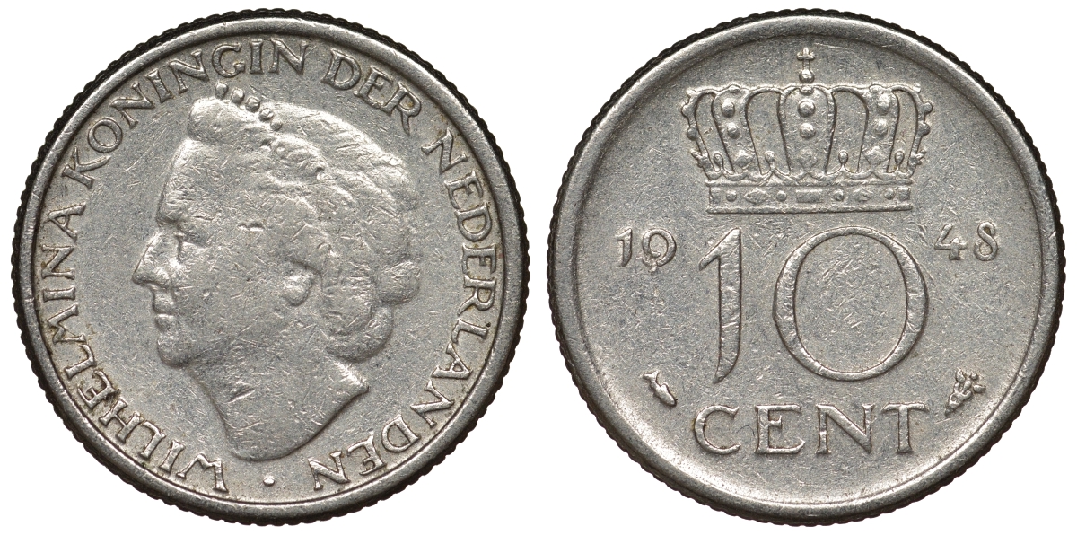 Нидерланды 10 центов 1948 Вильгельмина (1895-1948) KM 177 никель 71-454
